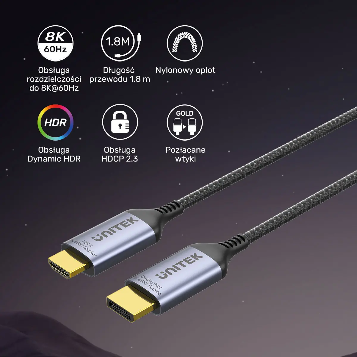 Kabel DisplayPort Unitek V1610A01 DisplayPort 1.4 - HDMI 2.1 8K 1,8m Czarny