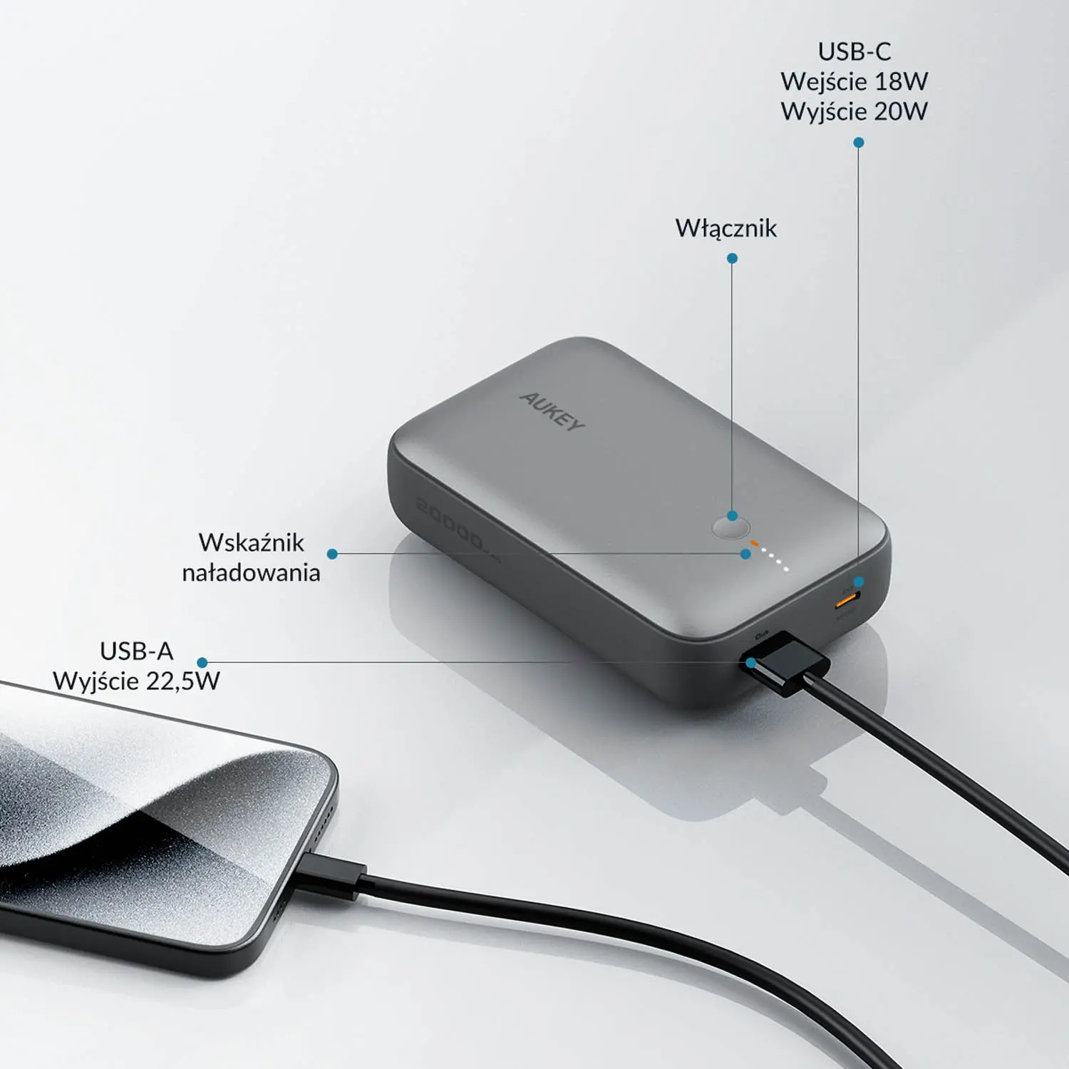 Powerbank Aukey PB-Y57 20000mAh 22,5W Szary