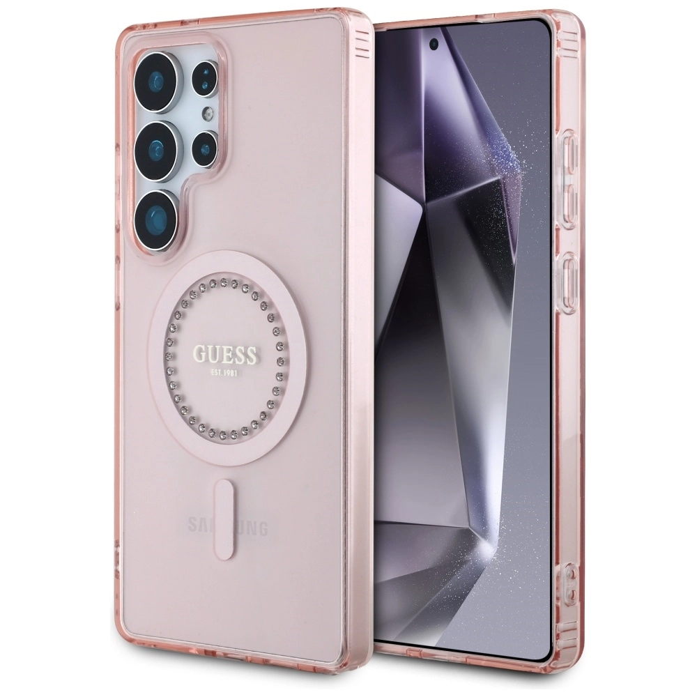 Etui Guess Rhinestones Printed Classic Logo MagSafe do Galaxy S25 Ultra Różowy