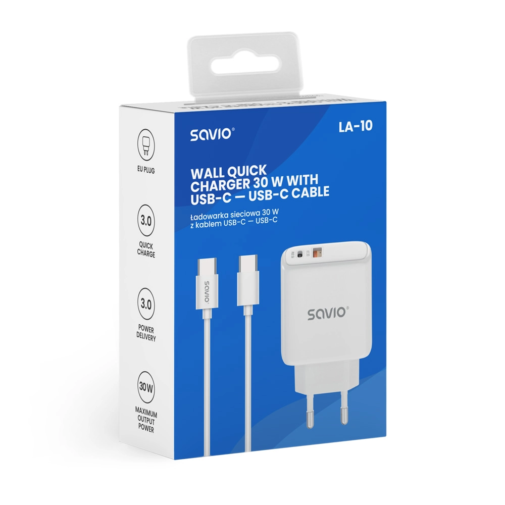 Ładowarka sieciowa Savio LA-10 30W + kabel USB-C Biały