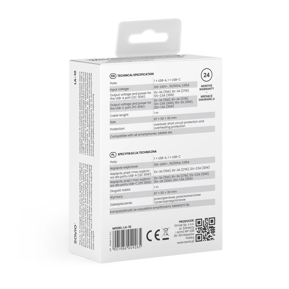 Ładowarka sieciowa Savio LA-10 30W + kabel USB-C Biały