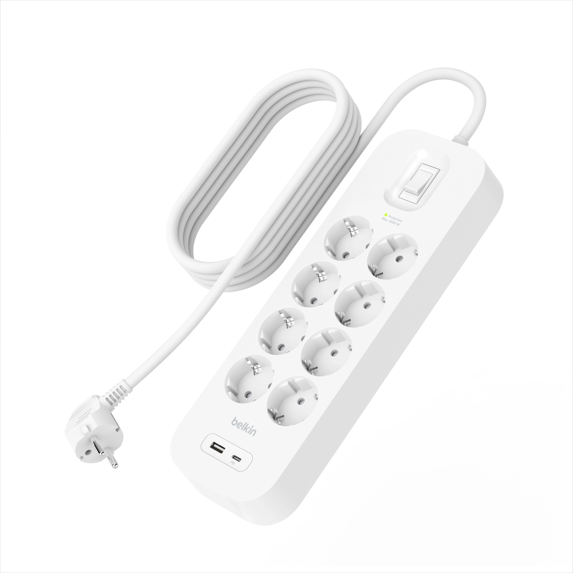 Listwa Belkin SRB003VF2M-V2, 8 gniazd, 2m, USB-C PD 18W Biały