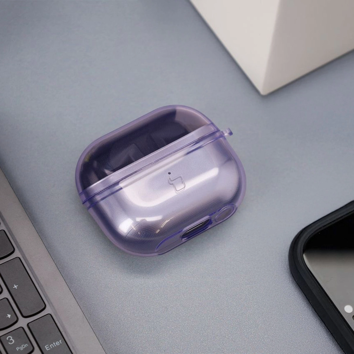 Etui na słuchawki Bizon Elastyczne z karabińczykiem do Samsung Galaxy Buds 3/3 Pro Przezroczysto-fioletowy