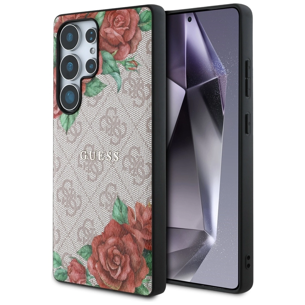 Guess Leather 4G Flowers Print Metal Classic Logo MagSafe Galaxy S25 Ultra Różowy