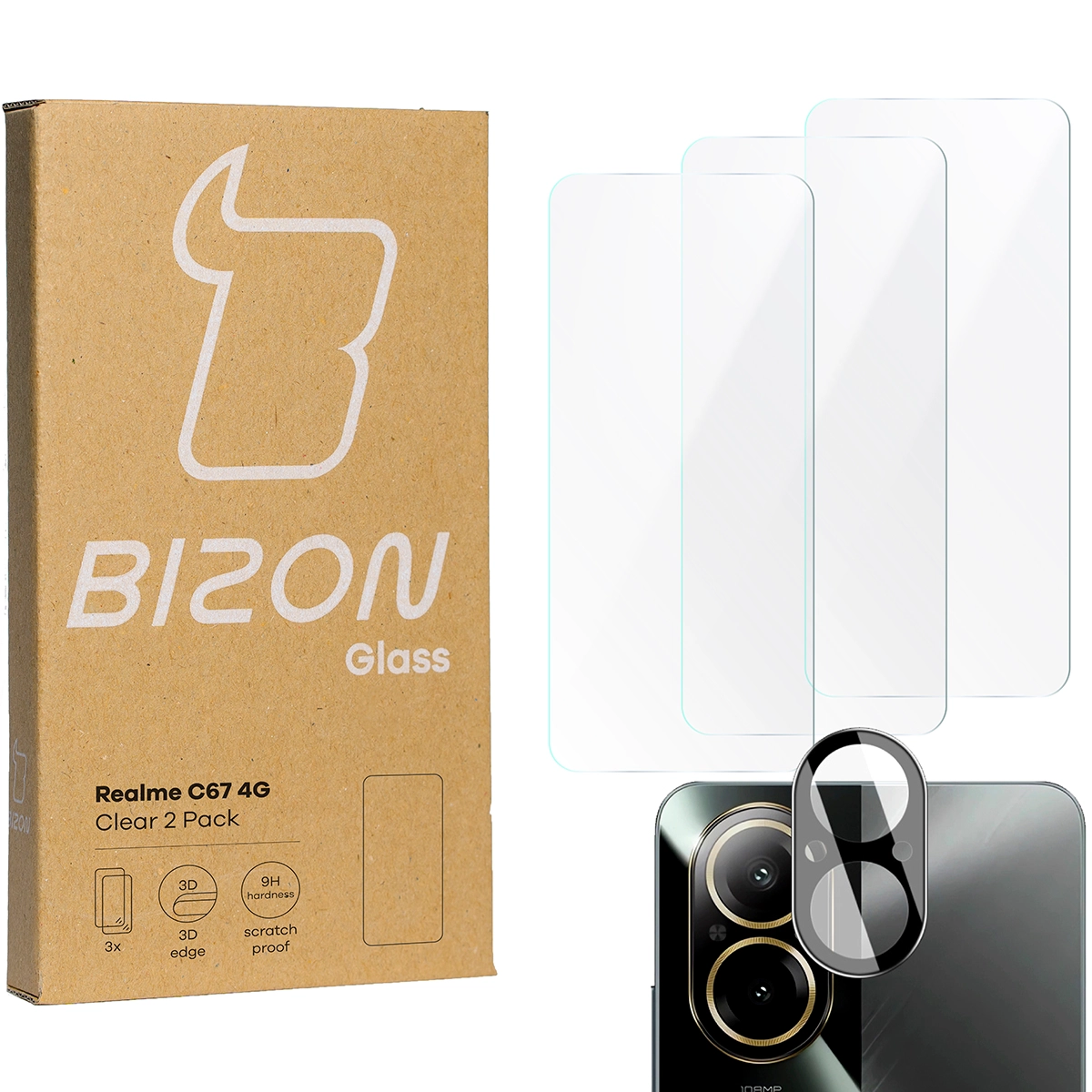 Zestaw ochronny Bizon 3x szkło + szybka na aparat Clear 2 Pack do Realme C67 4G