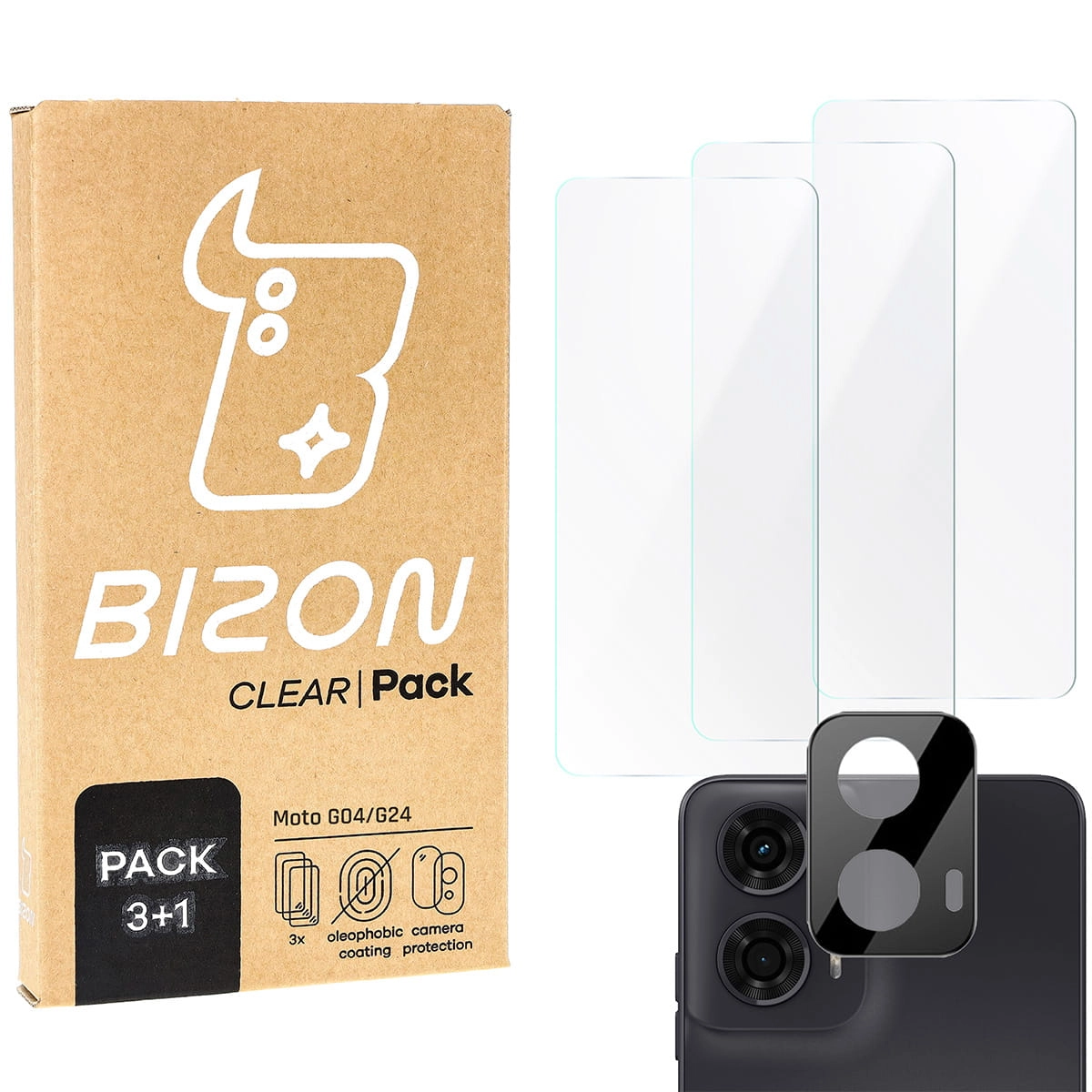 Zestaw ochronny Bizon 3x szkło hartowane + szybka na aparat Clear 2 Pack do Motorola Moto G04/G24