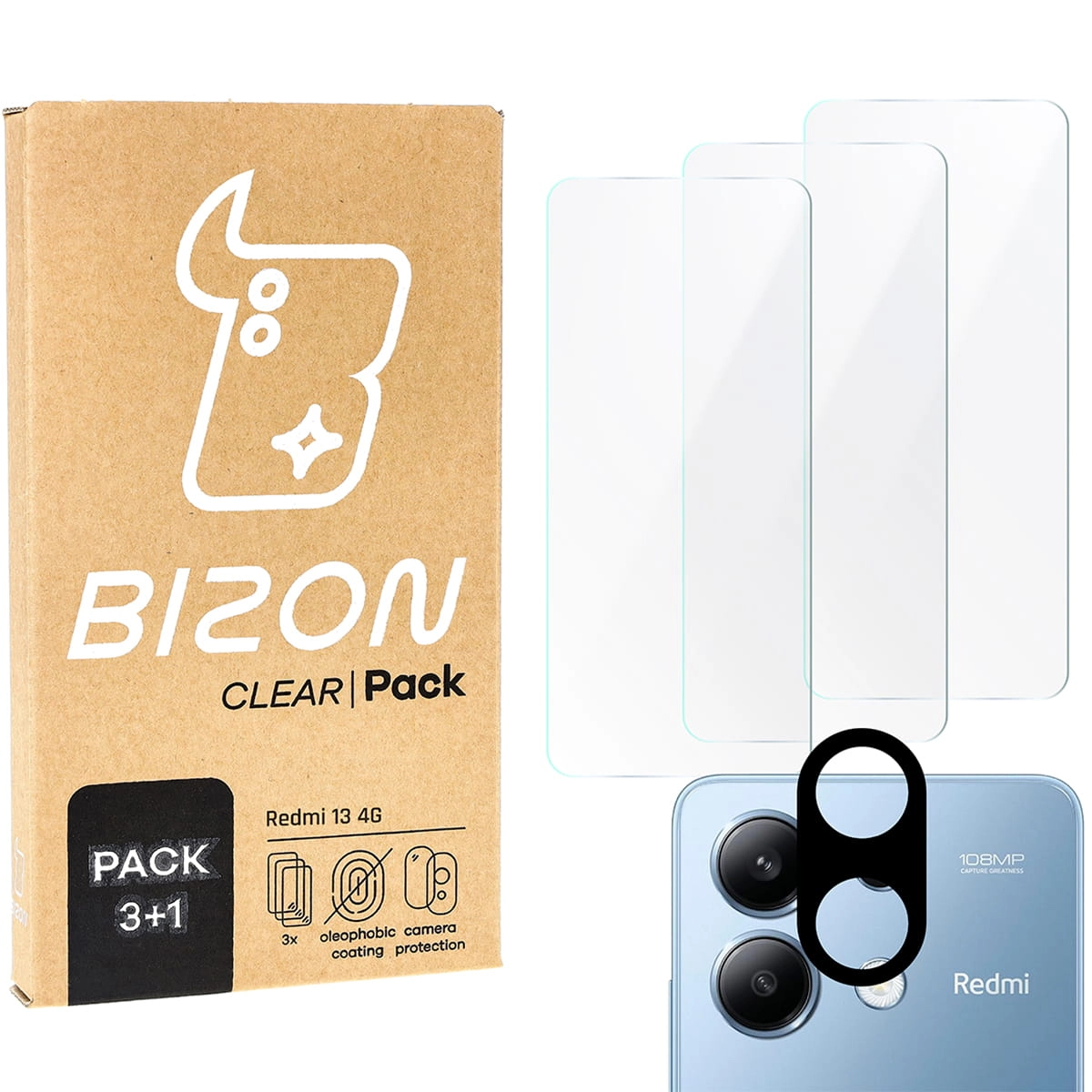 Zestaw ochronny Bizon 3x szkło hartowane + szybka na aparat Clear 2 Pack do Xiaomi Redmi 13 4G