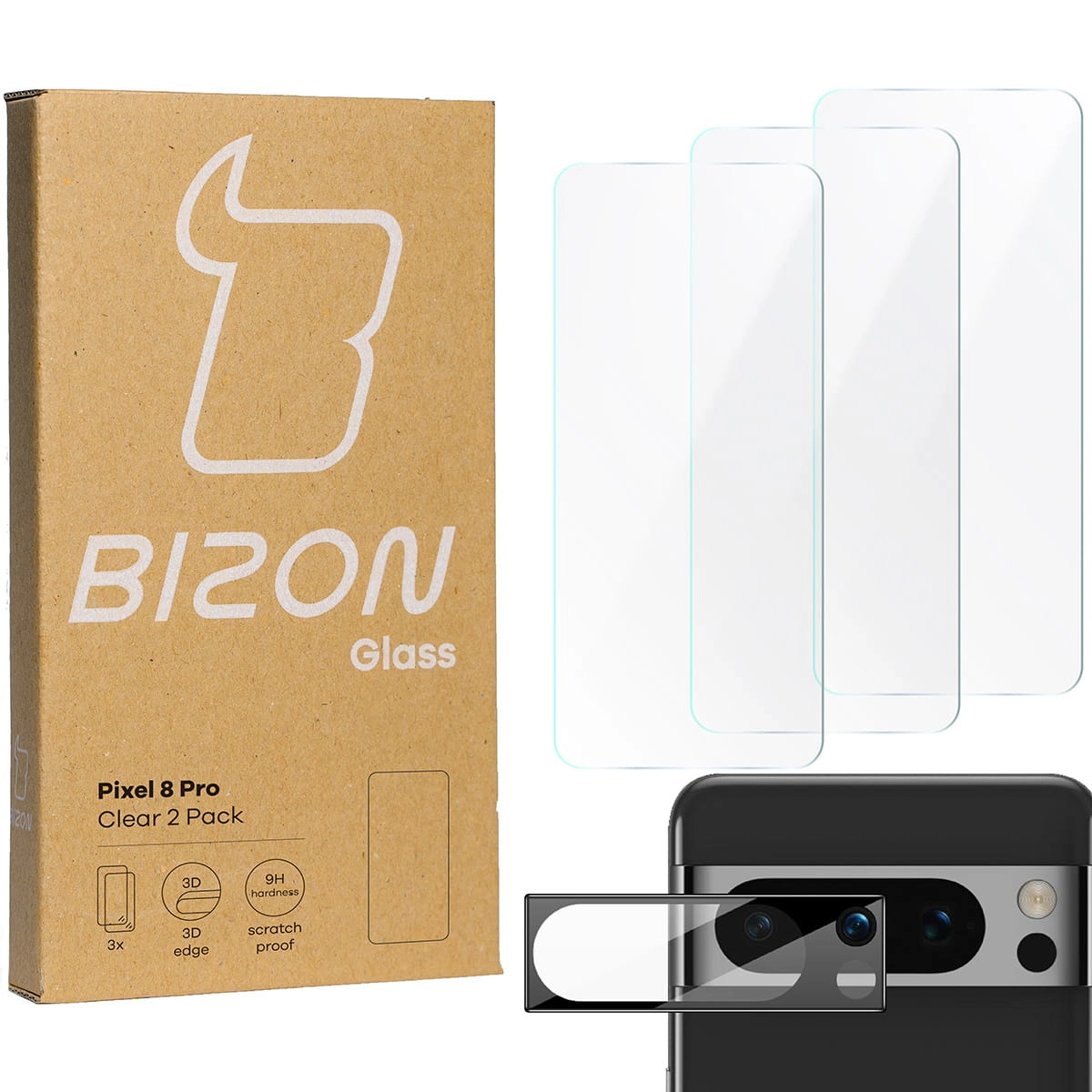 Zestaw ochronny Bizon 3x szkło + szybka na aparat Clear 2 Pack do Pixel 8 Pro