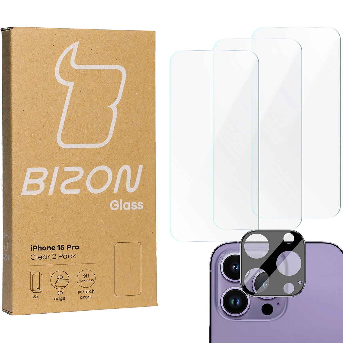 Zestaw ochronny Bizon 3x szkło + szybka na aparat Clear 2 Pack do iPhone 15 Pro