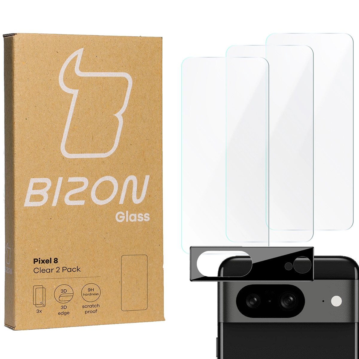 Zestaw ochronny Bizon 3x szkło + szybka na aparat Clear 2 Pack do Pixel 8