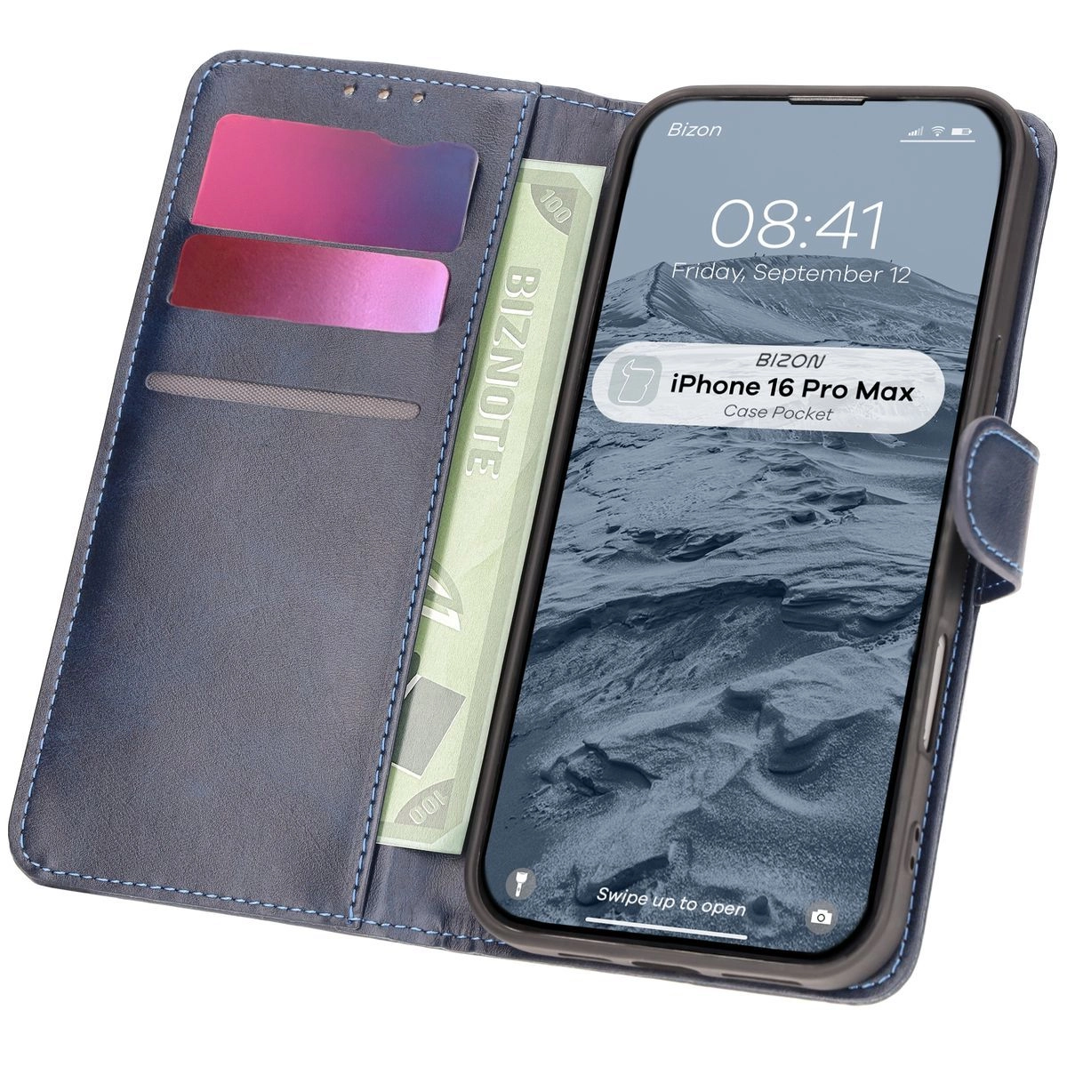 Etui Bizon z klapką Pocket do iPhone 16 Pro Max Granatowy