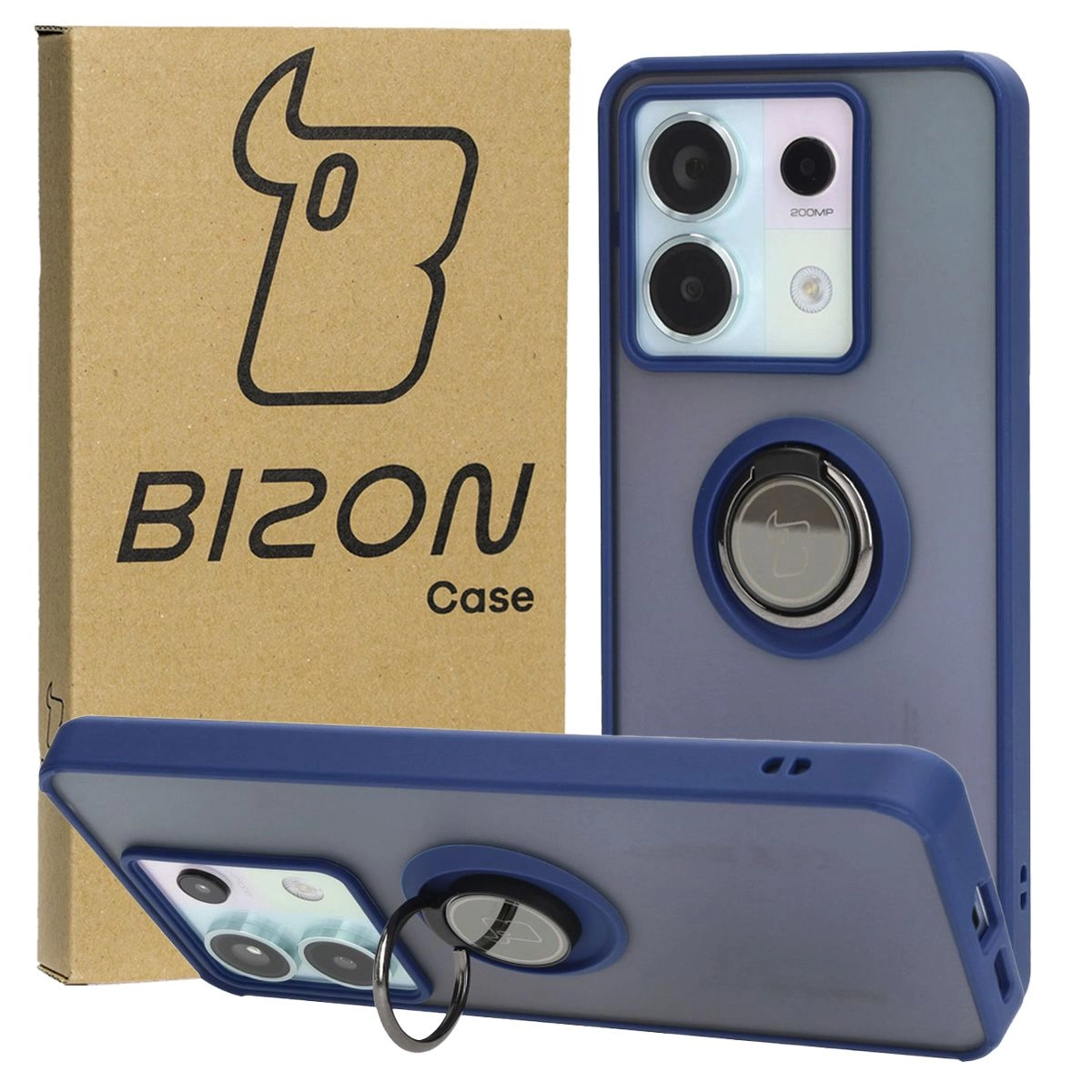 Etui Bizon z uchwytem na palec Hybrid Ring do Xiaomi Poco X6 / Xiaomi Redmi Note 13 Pro 5G Przydymione z granatową ramką