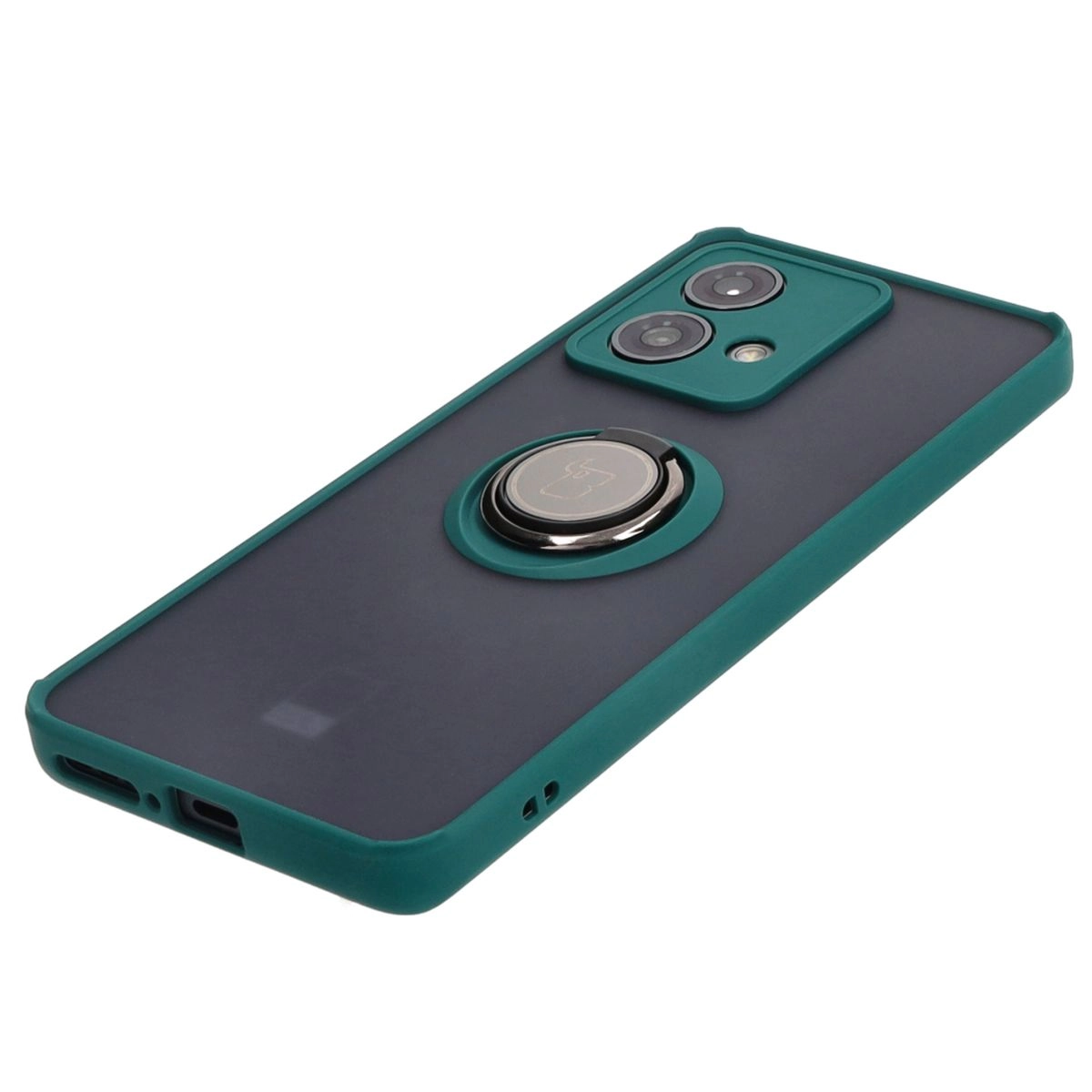 Etui Bizon z uchwytem na palec Hybrid Ring do Motorola Edge 40 Neo Przydymione z ciemnozieloną ramką