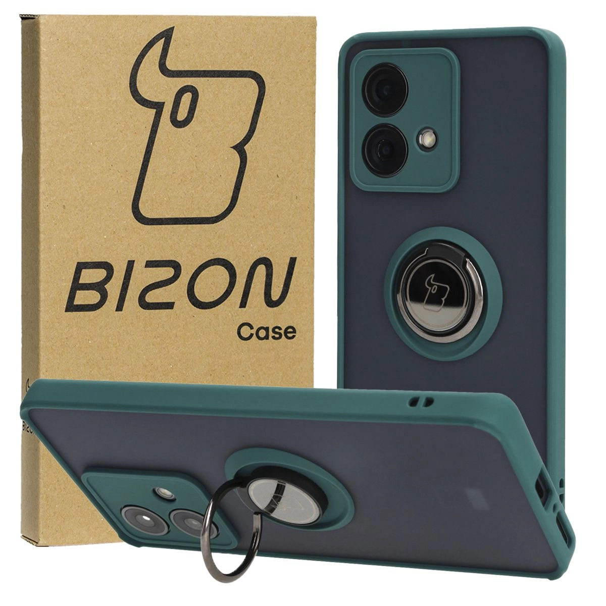 Etui Bizon z uchwytem na palec Hybrid Ring do Motorola Edge 40 Neo Przydymione z ciemnozieloną ramką