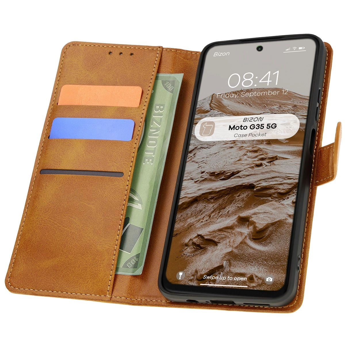 Etui Bizon z klapką Pocket do Motorola Moto G35 5G Brązowy