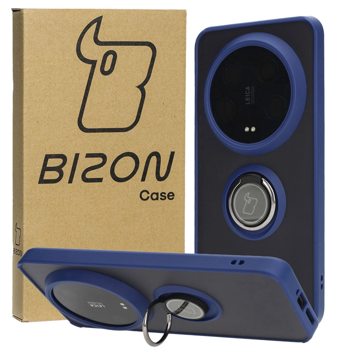 Etui Bizon z uchwytem na palec Hybrid Ring do Xiaomi 14 Ultra Przydymione z granatową ramką