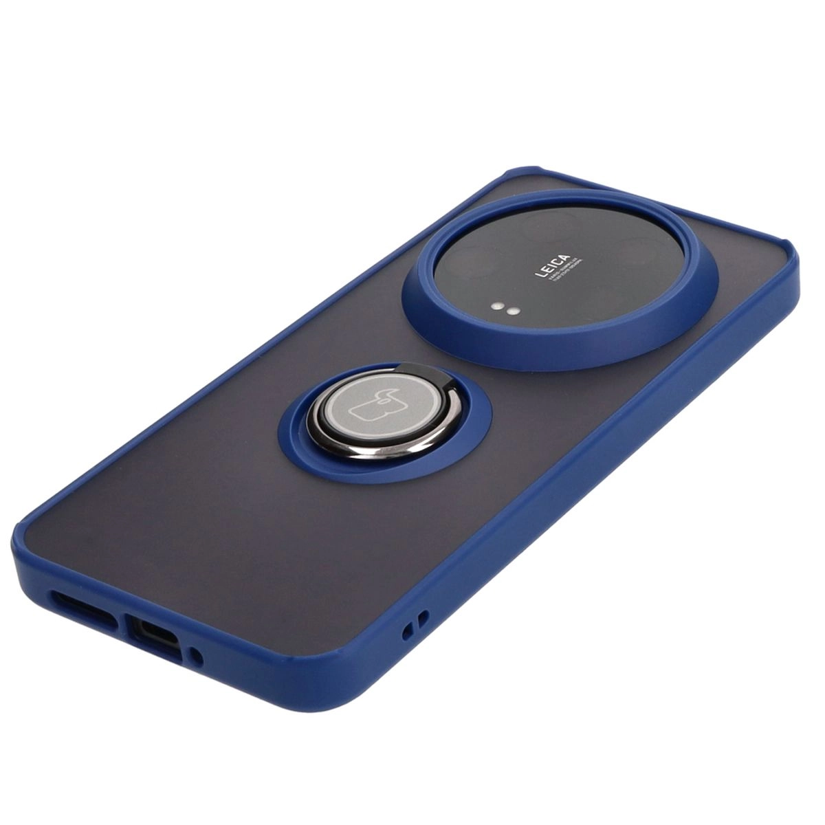 Etui Bizon z uchwytem na palec Hybrid Ring do Xiaomi 14 Ultra Przydymione z granatową ramką