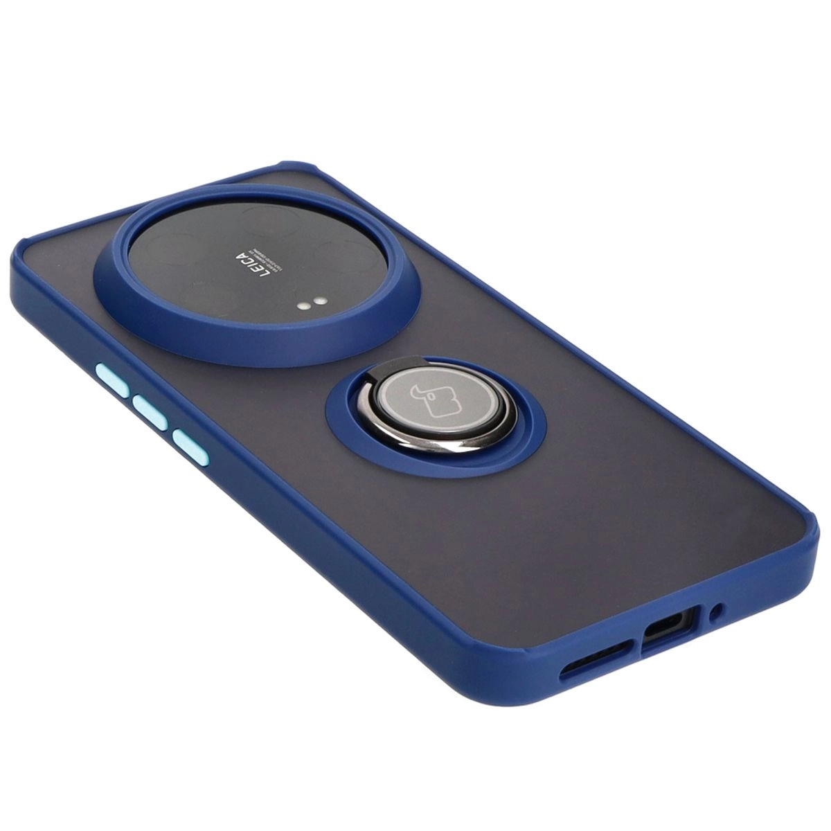 Etui Bizon z uchwytem na palec Hybrid Ring do Xiaomi 14 Ultra Przydymione z granatową ramką