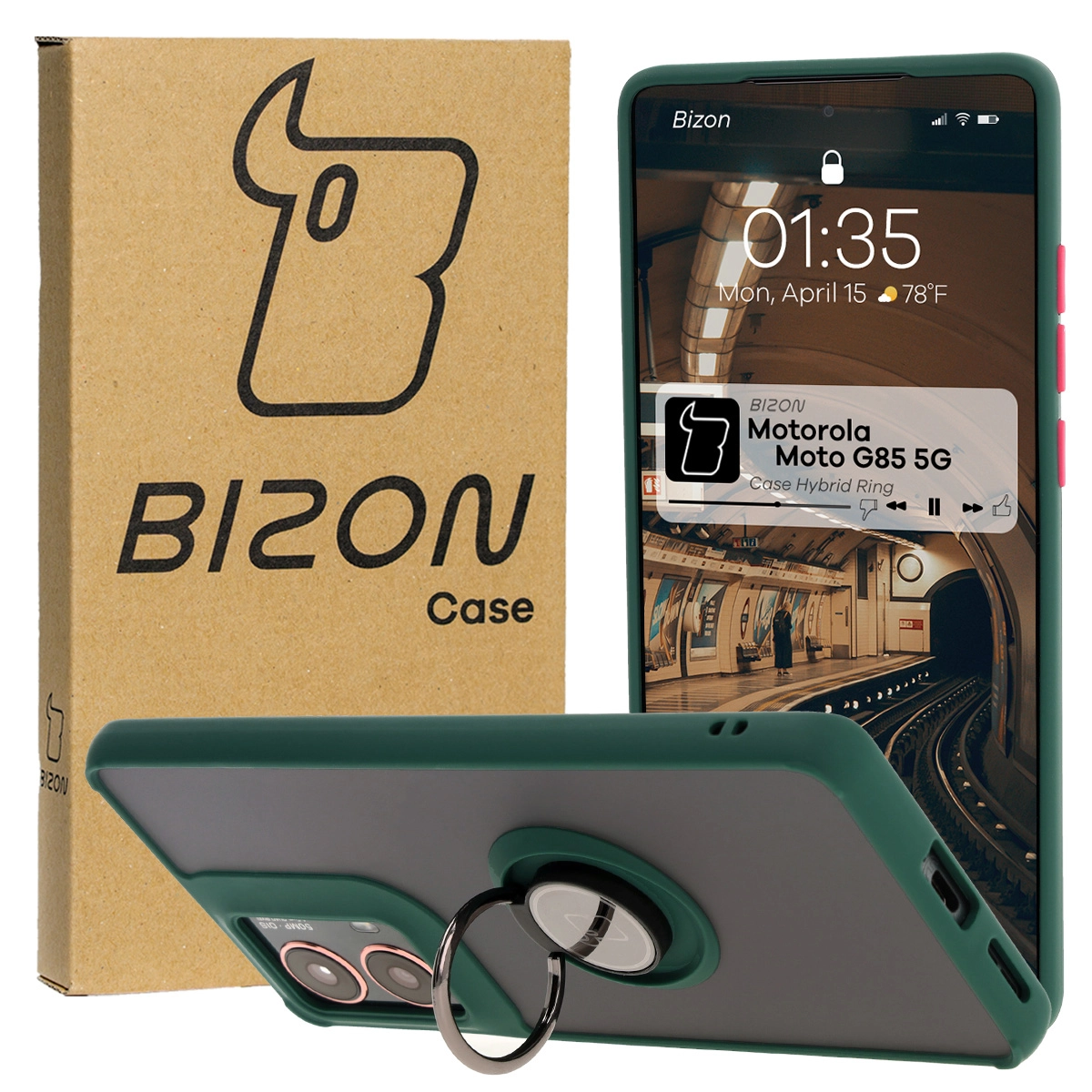 Bizon z uchwytem na palec Hybrid Ring do Motorola Moto G85 5G Przydymione z ciemnozieloną ramką