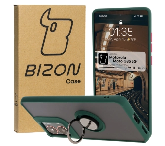 Etui Bizon z uchwytem na palec Hybrid Ring do Motorola Moto G85 5G Przydymione z ciemnozieloną ramką