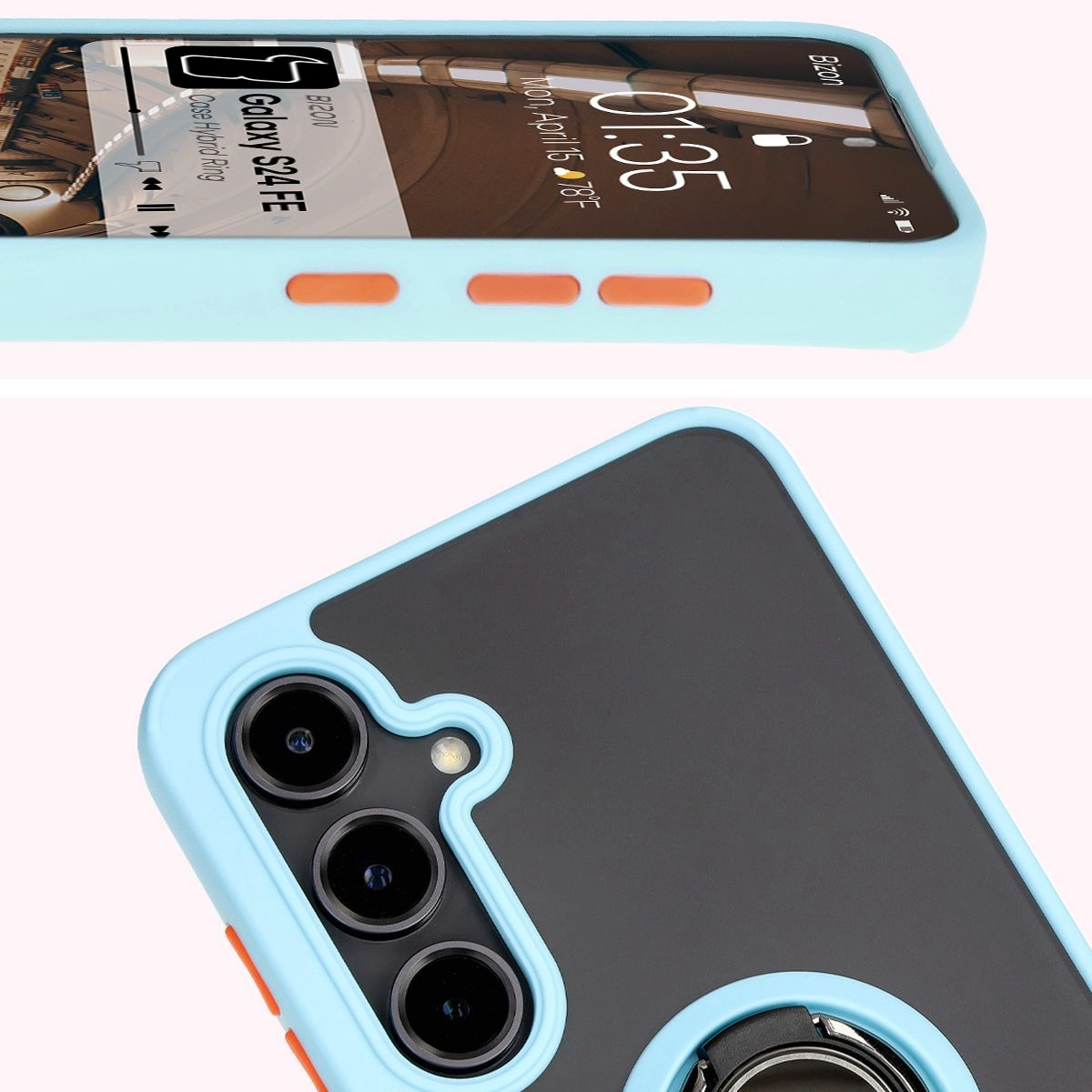 Etui Bizon z uchwytem na palec Hybrid Ring do Galaxy S24 FE Przydymione z jasnoniebieską ramką