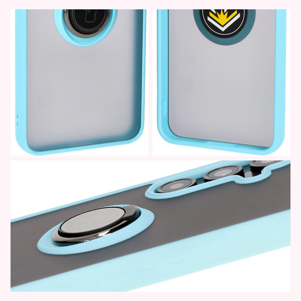 Etui Bizon z uchwytem na palec Hybrid Ring do Galaxy S24 FE Przydymione z jasnoniebieską ramką