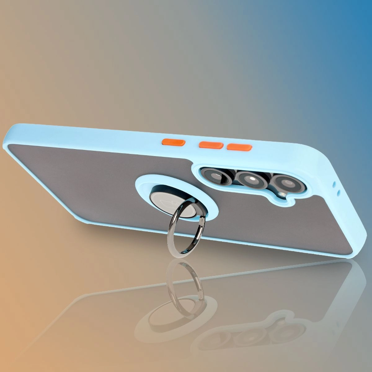Etui Bizon z uchwytem na palec Hybrid Ring do Galaxy S24 FE Przydymione z jasnoniebieską ramką