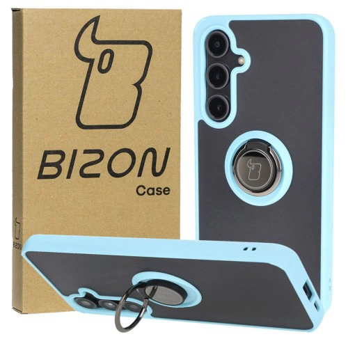 Etui Bizon z uchwytem na palec Hybrid Ring do Galaxy S24 FE Przydymione z jasnoniebieską ramką