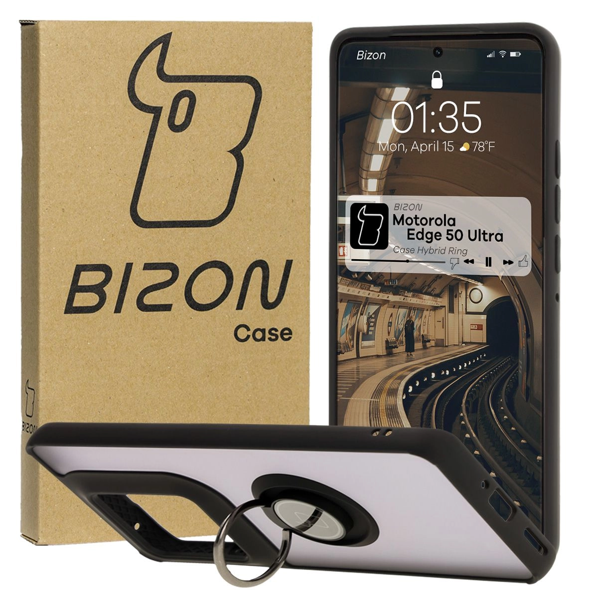Etui Bizon z uchwytem na palec Hybrid Ring do Motorola Edge 50 Ultra Przydymione z czarną ramką