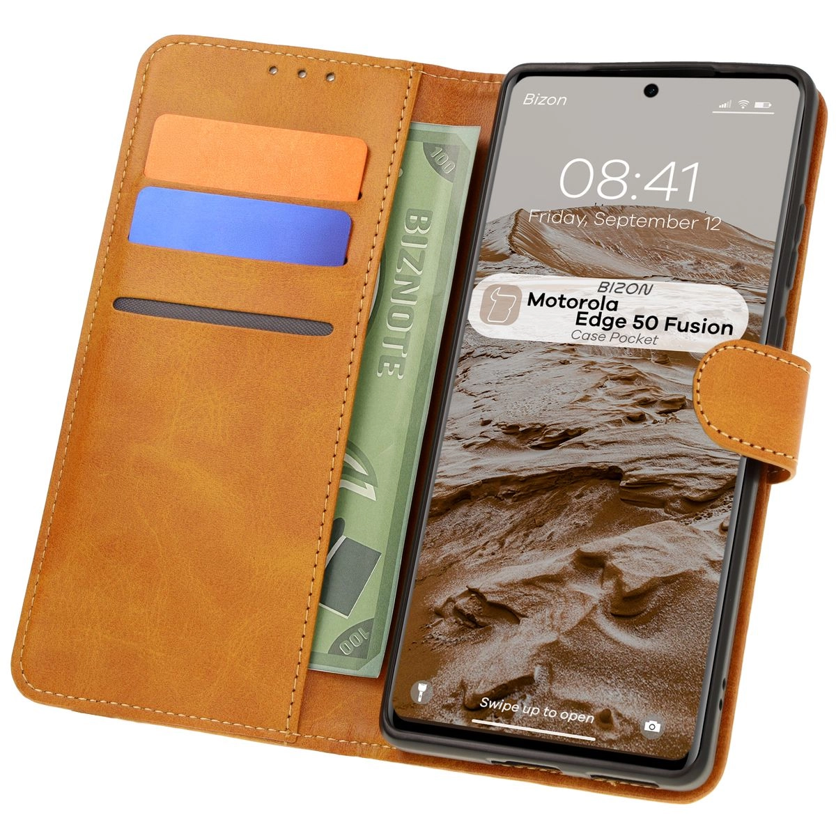 Etui Bizon z klapką Pocket do Motorola Edge 50 Fusion Brązowy