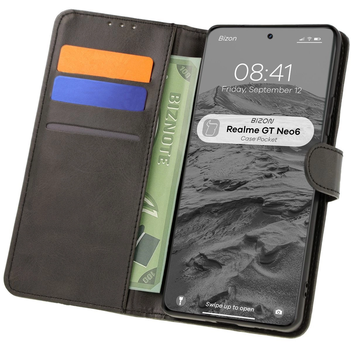 Etui Bizon z klapką Pocket do Realme GT 6/6T/Neo 6/Neo 6 SE Czarny