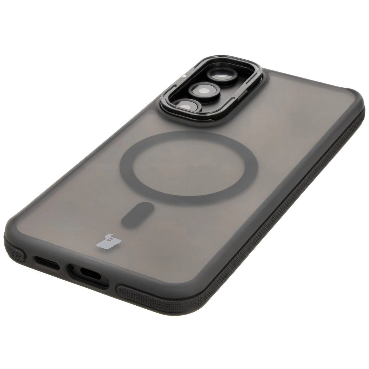 Etui Bizon Eclipse z MagSafe i podstawką do Galaxy S24 FE Przydymione z czarną ramką