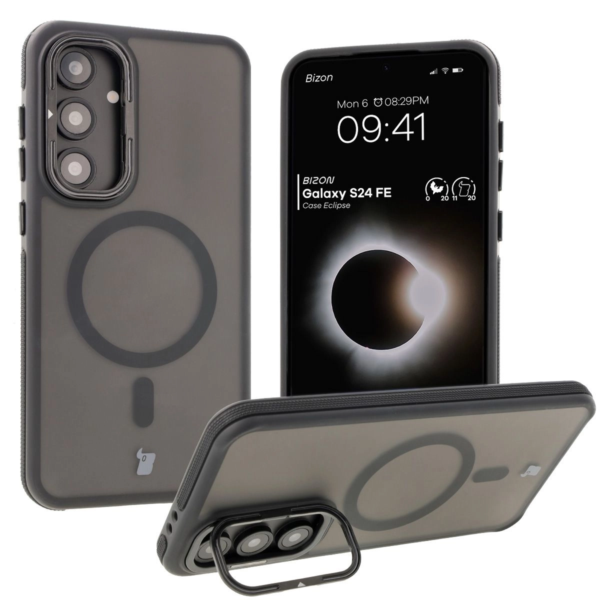 Etui Bizon Eclipse z MagSafe i podstawką do Galaxy S24 FE Przydymione z czarną ramką