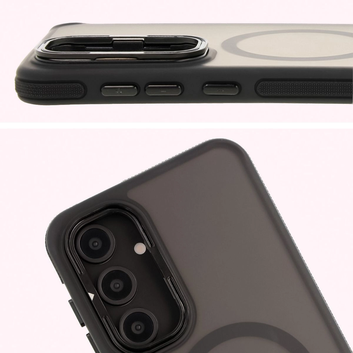 Etui Bizon Eclipse z MagSafe i podstawką do Galaxy S24 FE Przydymione z czarną ramką