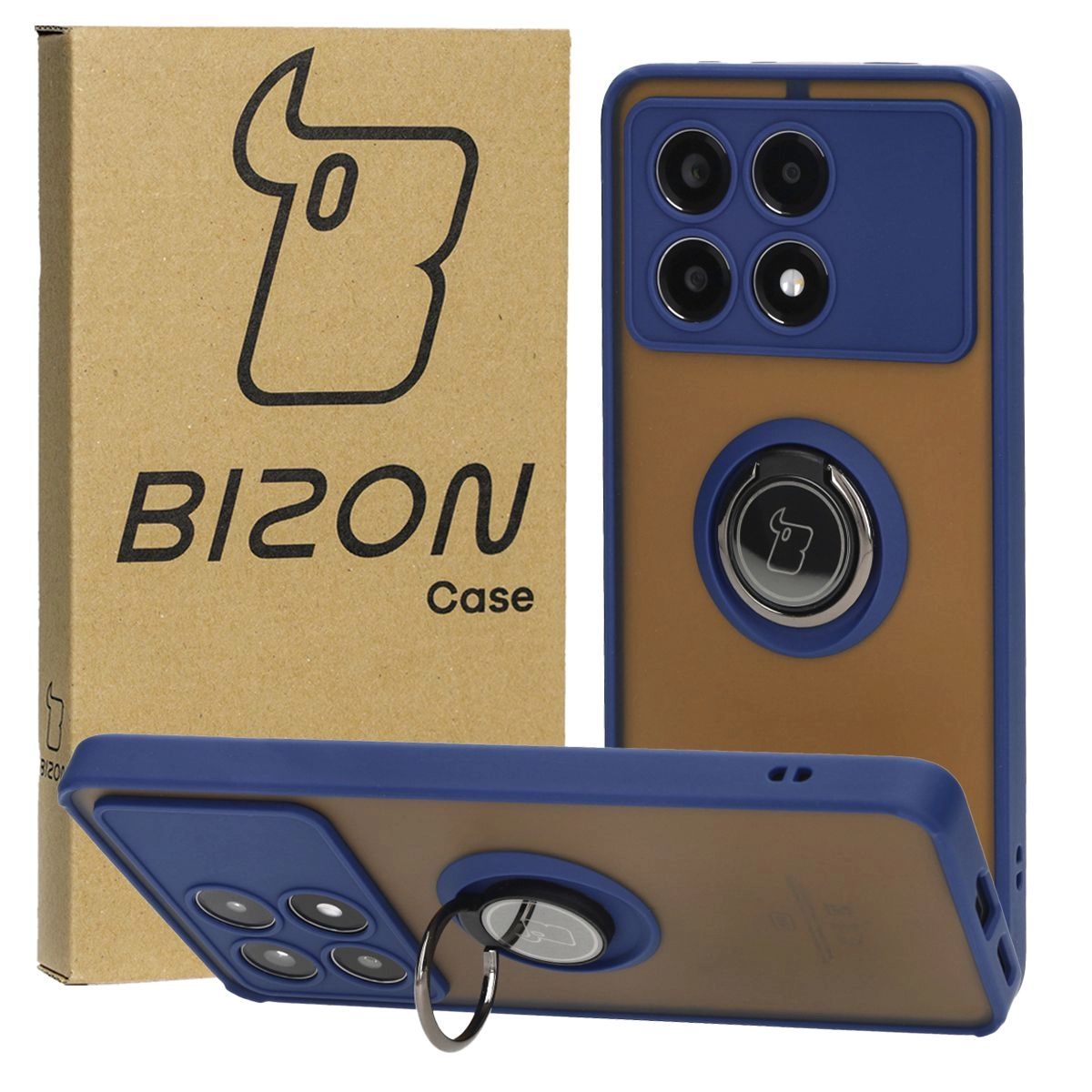 Etui Bizon z uchwytem na palec Hybrid Ring do Xiaomi Poco X6 Pro Przydymione z granatową ramką