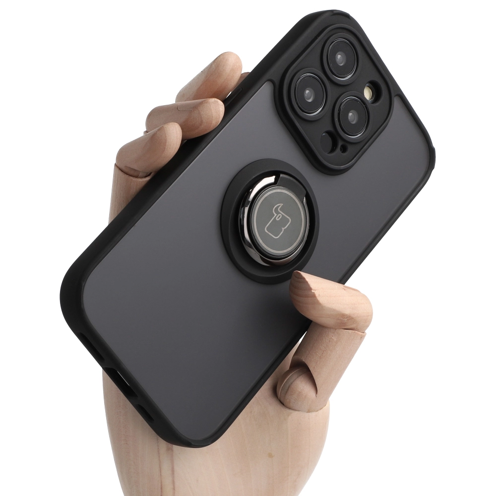 Etui Bizon z uchwytem na palec Hybrid Ring do iPhone 14 Pro Przydymione z czarną ramką