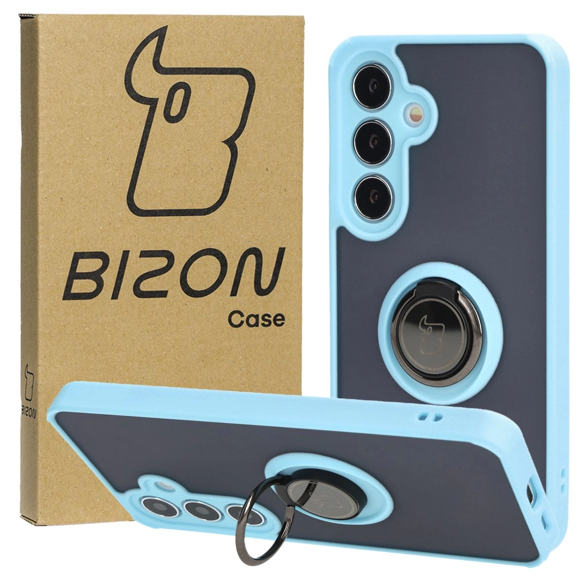 Etui Bizon z uchwytem na palec Hybrid Ring do Galaxy S25 / S24 Przydymione z jasnoniebieską ramką