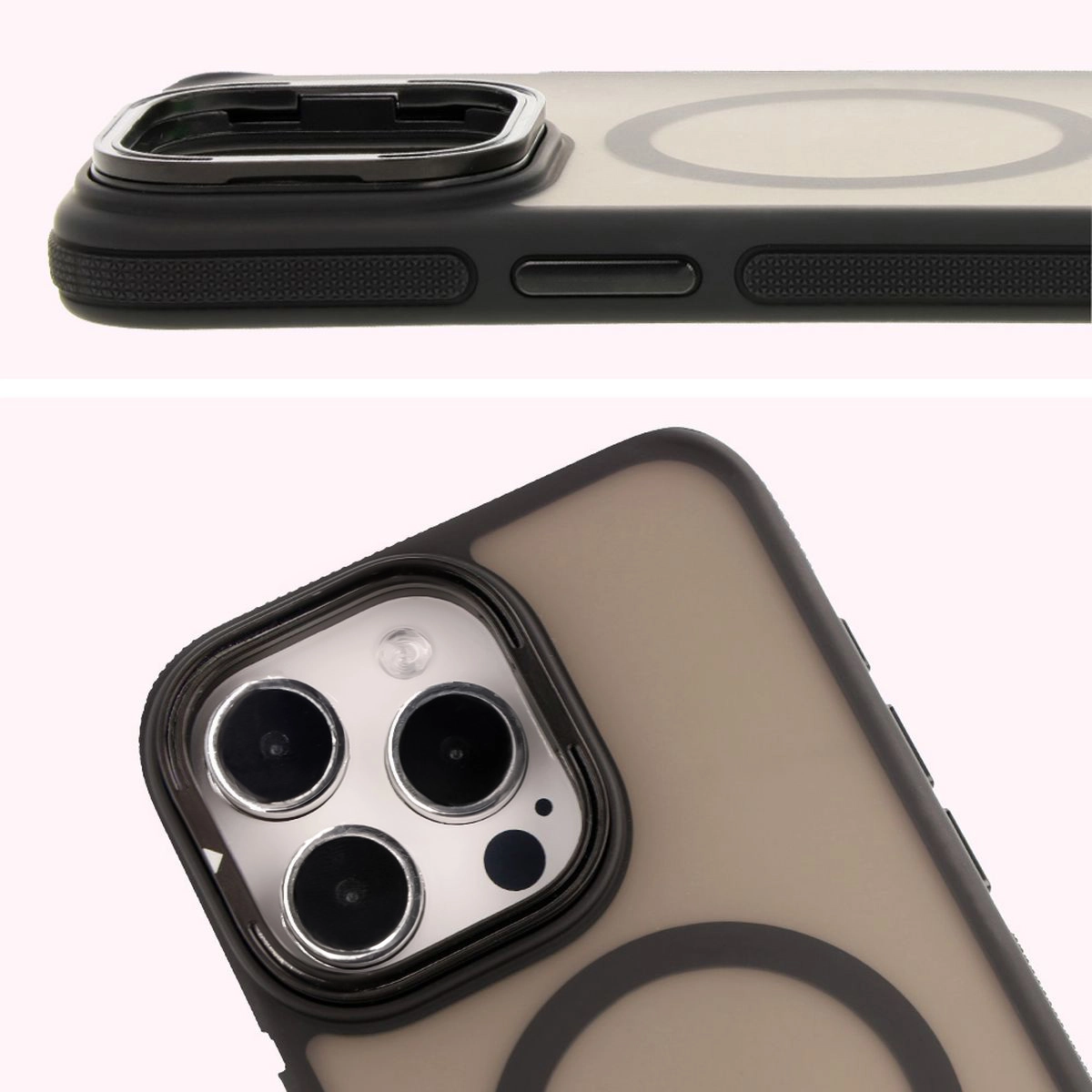Etui Bizon Eclipse z MagSafe i podstawką do iPhone 15 Pro Max Przydymione z czarną ramką