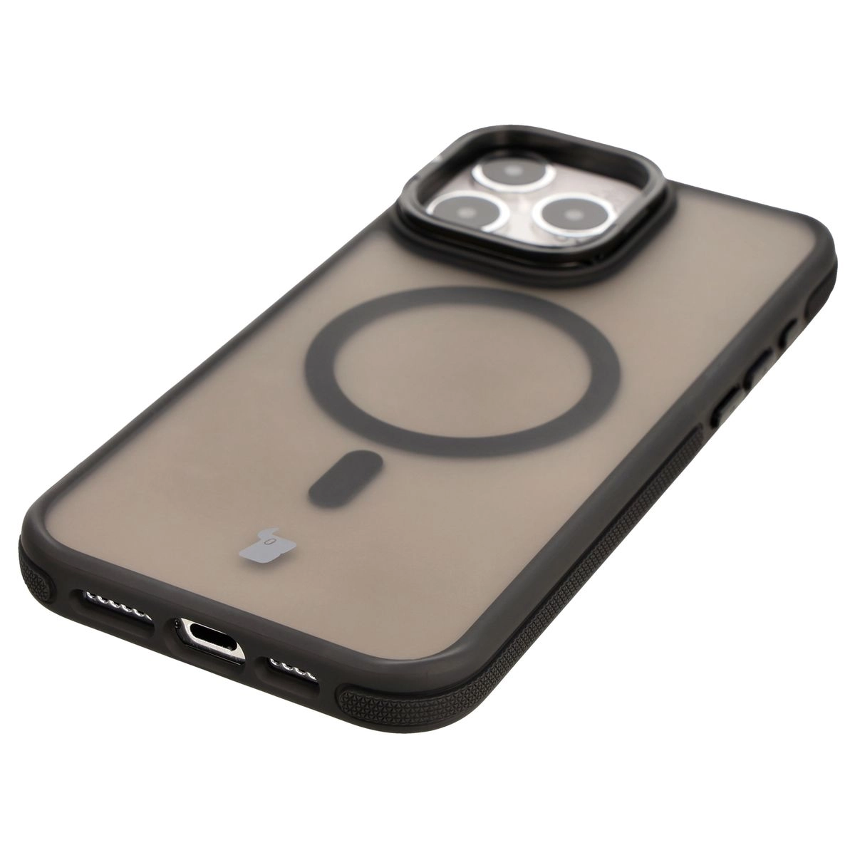 Etui Bizon Eclipse z MagSafe i podstawką do iPhone 15 Pro Max Przydymione z czarną ramką