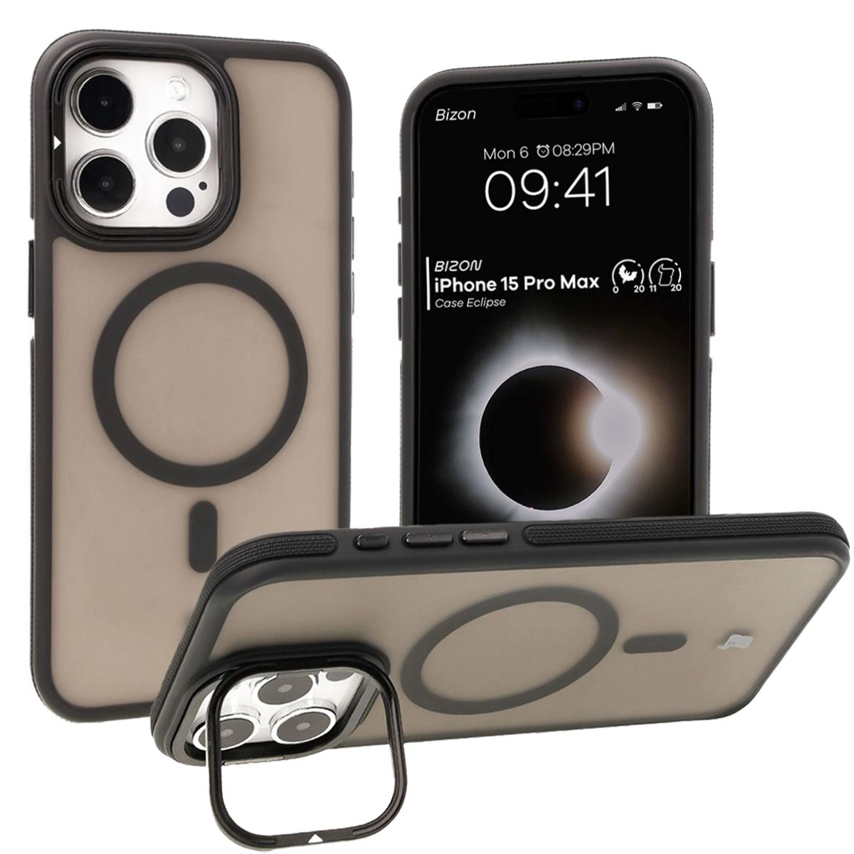 Etui Bizon Eclipse z MagSafe i podstawką do iPhone 15 Pro Max Przydymione z czarną ramką