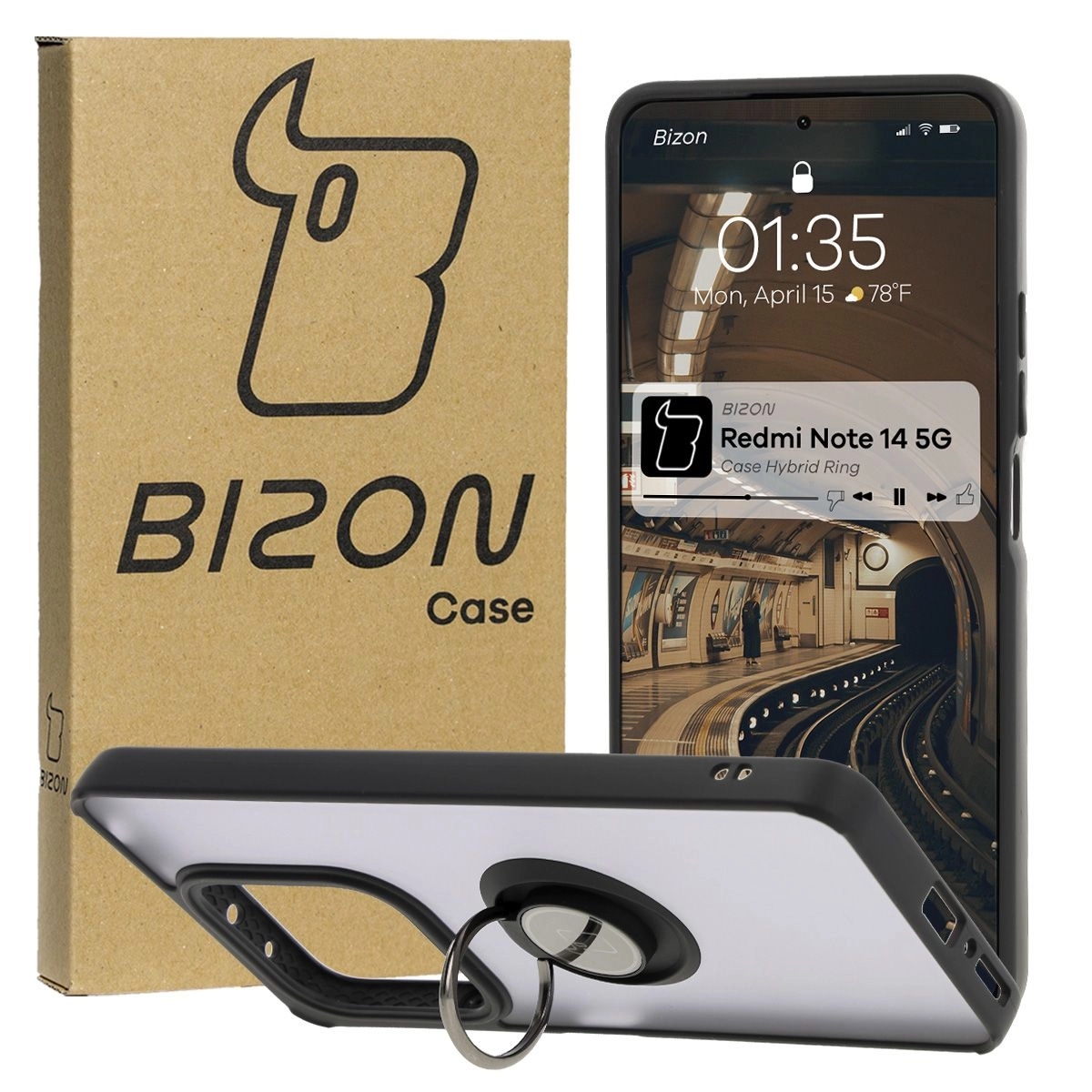 Etui Bizon z uchwytem na palec Hybrid Ring do Xiaomi Redmi Note 14 5G Przydymione z czarną ramką
