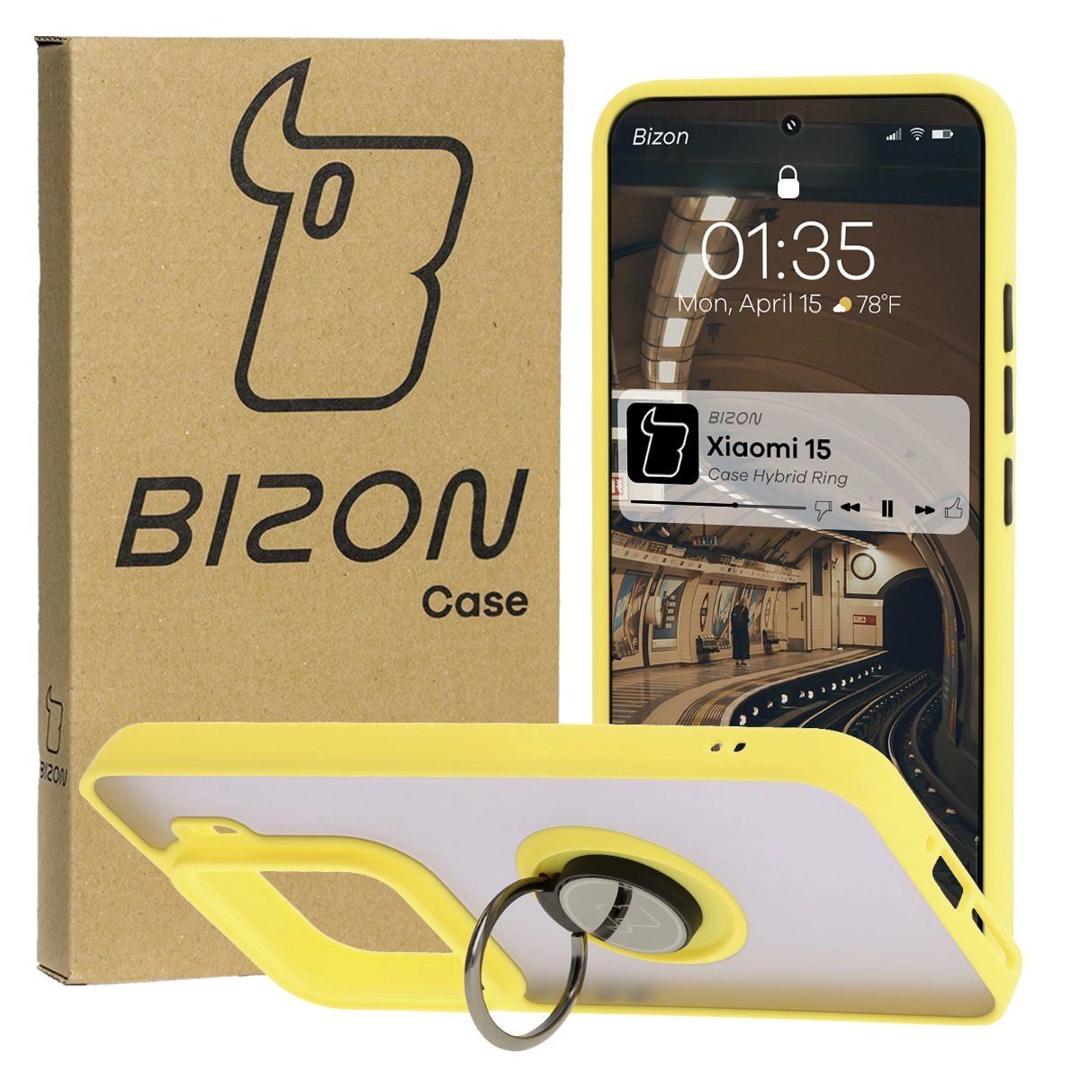Etui Bizon z uchwytem na palec Hybrid Ring do Xiaomi 15 Przydymione z żółtą ramką