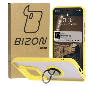 Etui Bizon z uchwytem na palec Hybrid Ring do Xiaomi 15 Przydymione z żółtą ramką