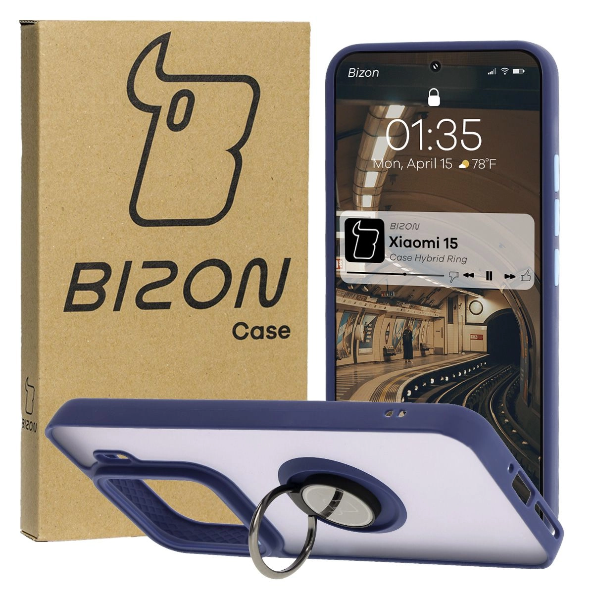 Etui Bizon z uchwytem na palec Hybrid Ring do Xiaomi 15 Przydymione z granatową ramką