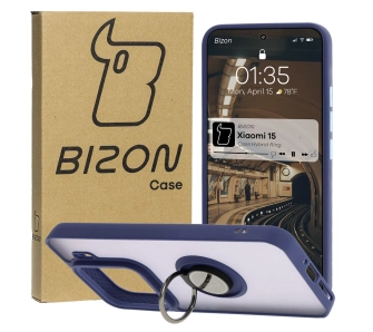Etui Bizon z uchwytem na palec Hybrid Ring do Xiaomi 15 Przydymione z granatową ramką
