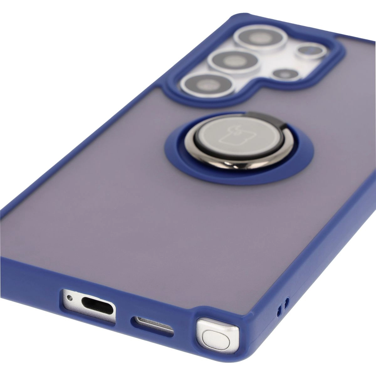 Etui Bizon z uchwytem na palec Hybrid Ring do Galaxy S25 Ultra Przydymione z jasnoniebieską ramką