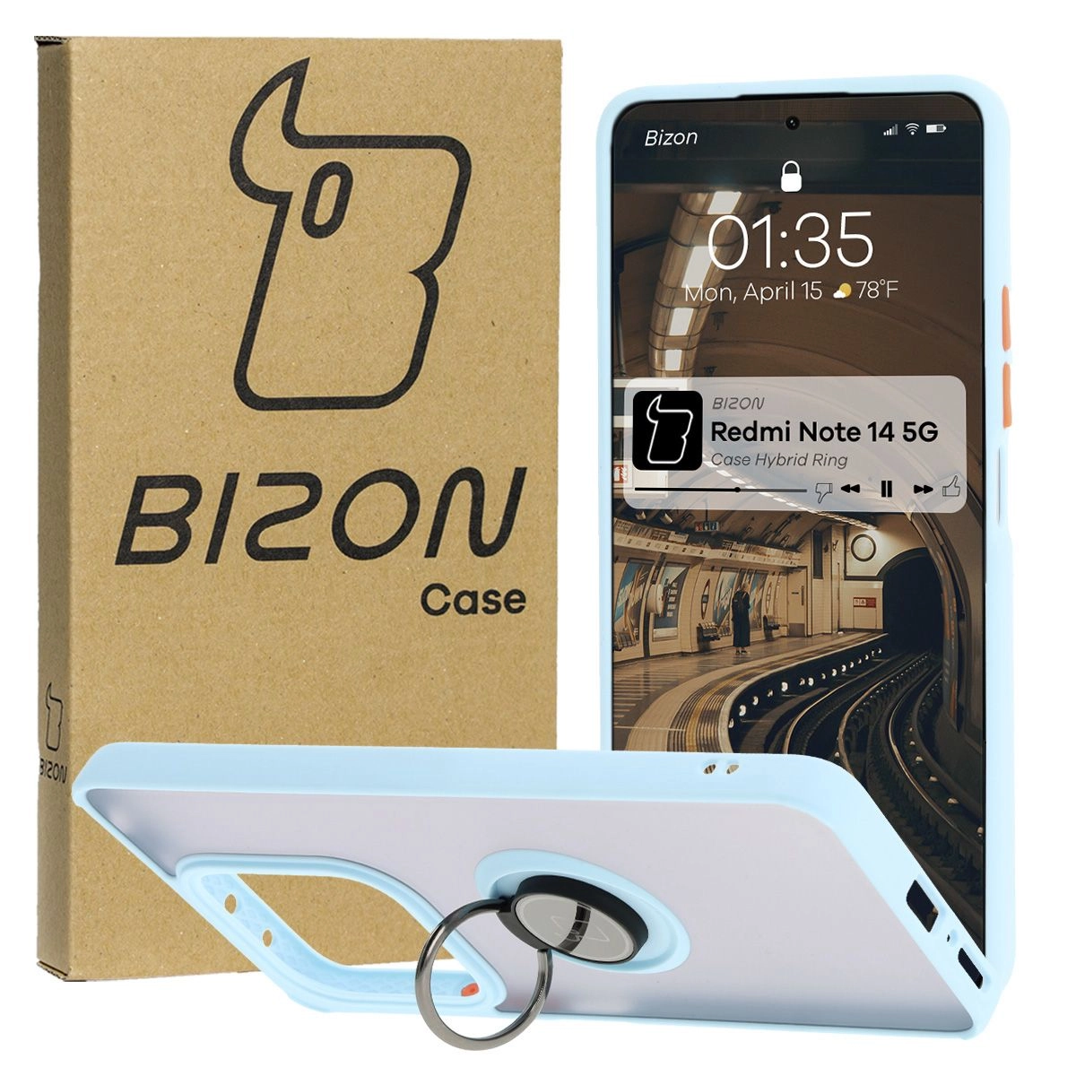 Etui Bizon z uchwytem na palec Hybrid Ring do Xiaomi Redmi Note 14 5G Przydymione z jasnoniebieską ramką