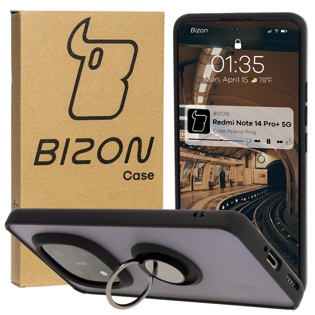 Etui Bizon z uchwytem na palec Hybrid Ring do Xiaomi Redmi Note 14 Pro Plus 5G Przydymione z czarną ramką