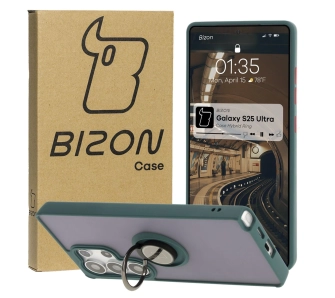 Etui Bizon z uchwytem na palec Hybrid Ring do Galaxy S25 Ultra Przydymione z ciemnozieloną ramką