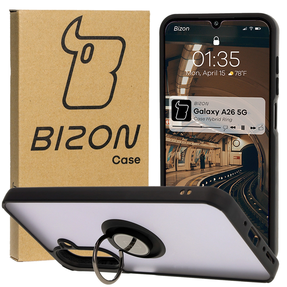 Etui Bizon z uchwytem na palec Hybrid Ring do Galaxy A26 5G Przydymione z czarną ramką